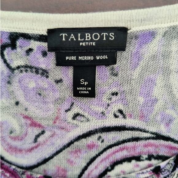 Talbots Merino Wool Sweater Women's Sz SP Purple Paisley long sleeve popover Top - Picture 2 of 9